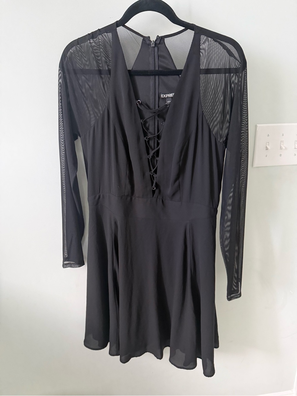 Express Black Lace-Up V-Neck Long Sleeve Skater Dress